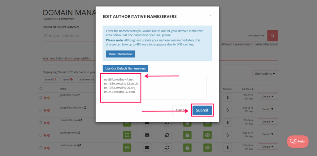 add NS records on porkbun